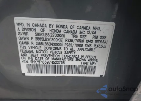 2007 Honda Pilot Ex-L z USA, uszkodzony, nr VIN 2HKYF18597H522758
